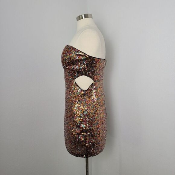 Lulus Magical Night Rainbow Sequin Strapless Cutout Bodycon Mini Dress Large - Picture 13 of 16
